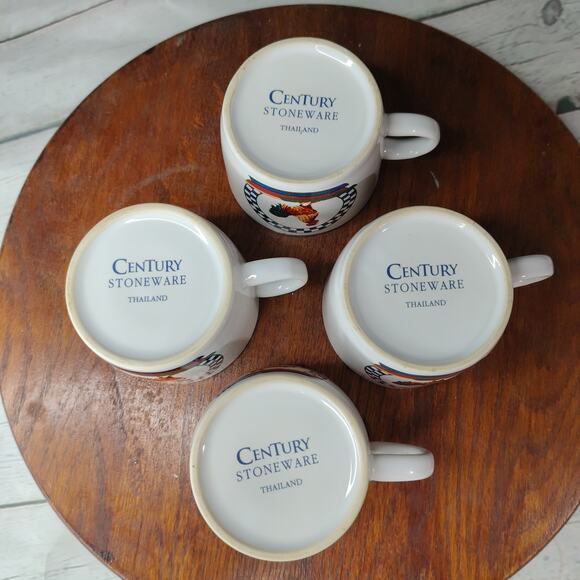 Century Stoneware Remy Rooster‎ Pattern 2 1/2" Vintage Flat Tea Cups Set of 4 - Picture 8 of 9